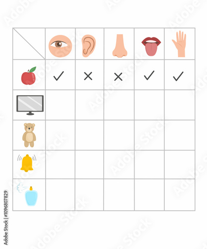 Five senses worksheet for kids, mark five senses would use for each object, five senses activity printable 