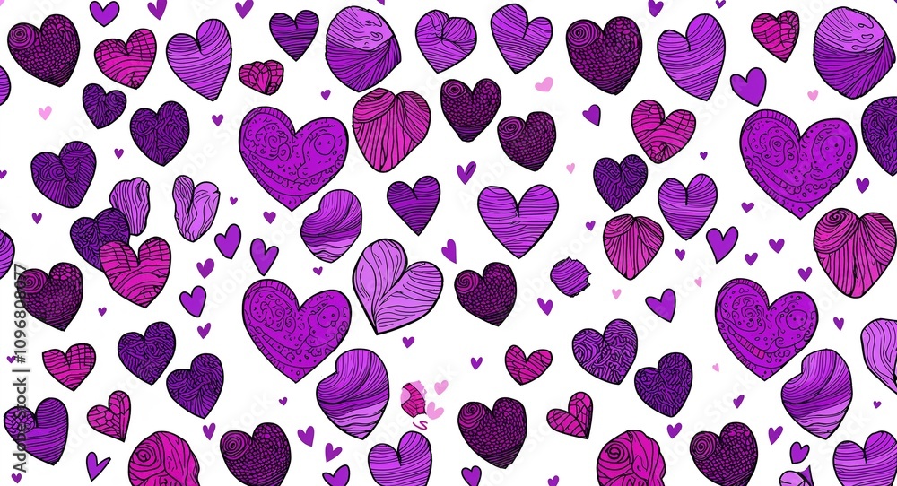 Fototapeta premium Purple Heart pattern hand drawn design on White background illustration