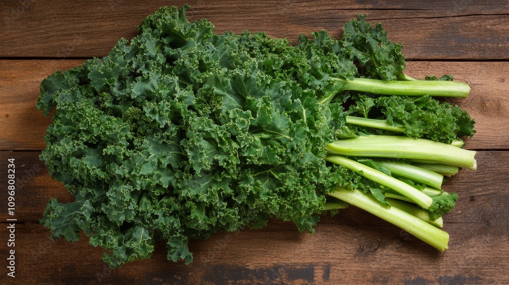 Fresh Green Kale Leaves on Rustic Wooden Table Fresh Green Kale Leaves on Rustic Wooden Table