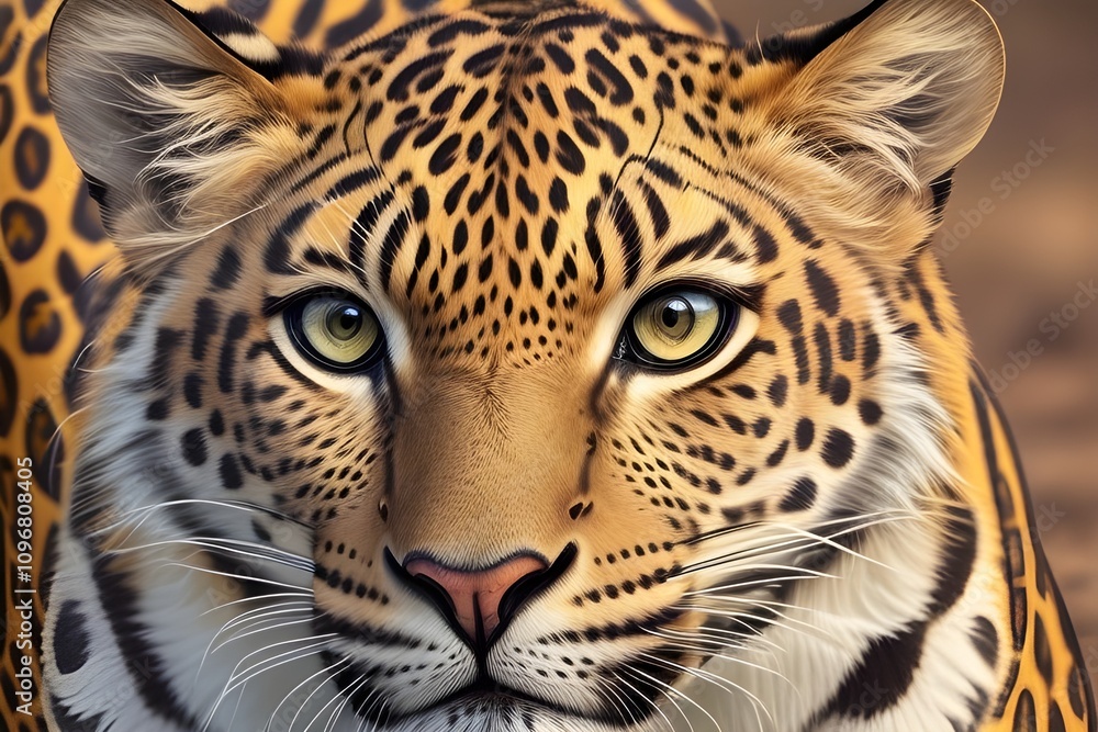 Obraz premium An artistic close-up of a leopard showcasing all of its magnificent features. The bright colors highlight the beauty of this wild animal Generative AI 