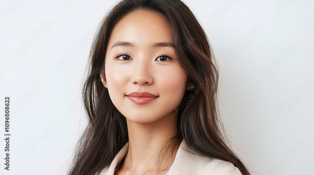 Portrait of a beautiful Asian woman with flawless skin and a serene expression against a soft neutral background, showcasing natural beauty and grace in a captivating close-up shot Portrait of a beautiful Asian woman with flawless skin and a serene expression against a soft neutral background, showcasing natural beauty and grace in a captivating close-up shot