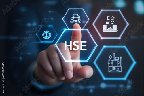 Health, Safety, and Environment (HSE) Management Concept. A person highlighting HSE wording with icons representing health, safety, environmental protection, and workplace risk management protocols