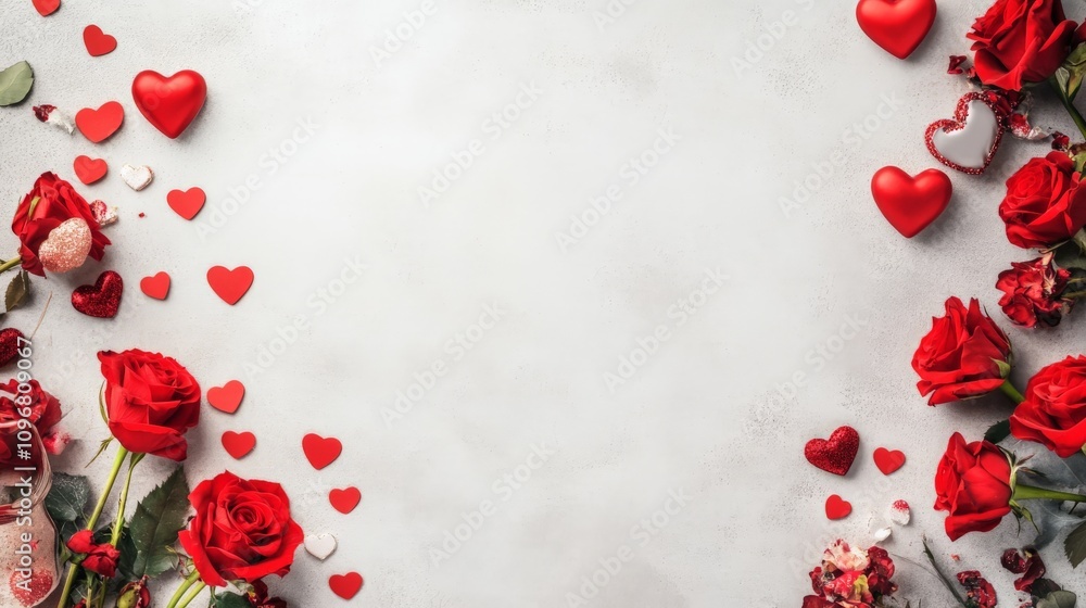 A beautifully arranged backdrop featuring lush red roses and delicate hearts, perfect for romantic occasions, celebrations, or love-themed events. A beautifully arranged backdrop featuring lush red roses and delicate hearts, perfect for romantic occasions, celebrations, or love-themed events.