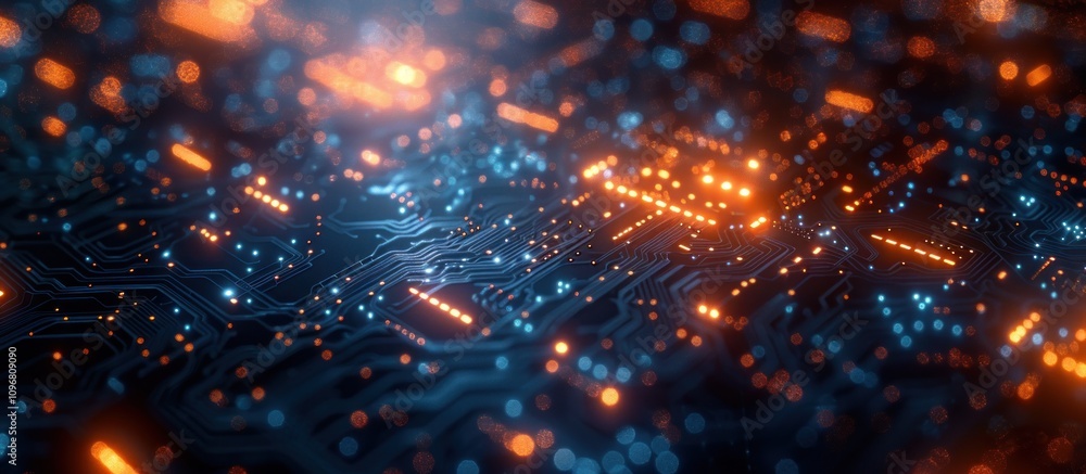 Circuit Board with Glowing Orange and Blue Lights Circuit Board with Glowing Orange and Blue Lights