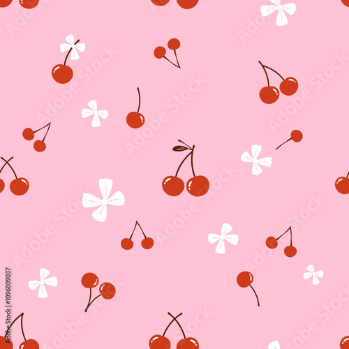 Seamless pattern of red cherry fruit with ribbon bow on pink background vector. Cute fruit print.
