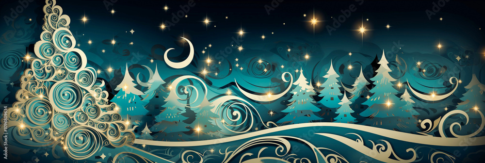 Snowy night with firs, coniferous forest, light garlands, falling snow background Snowy night with firs, coniferous forest, light garlands, falling snow background