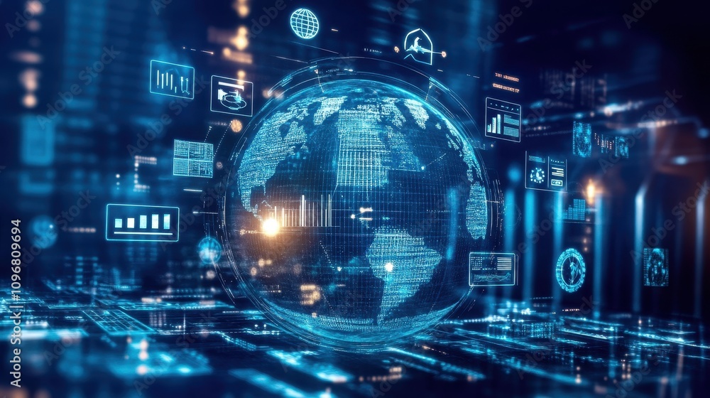 A computer screen shows a globe with many icons surrounding it A computer screen shows a globe with many icons surrounding it