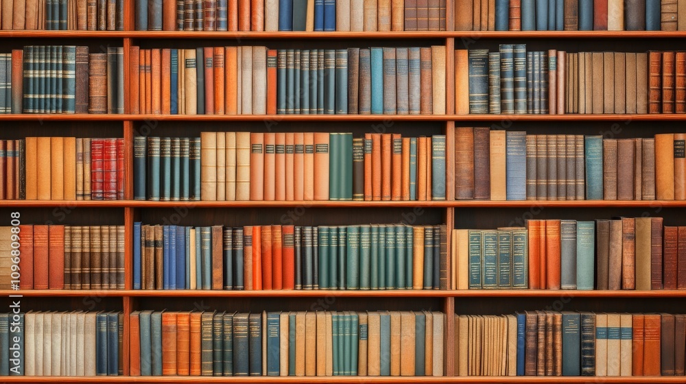 A beautifully arranged wooden bookshelf filled with various colored books, showcasing the joy of reading and a love for literature in a cozy setting. A beautifully arranged wooden bookshelf filled with various colored books, showcasing the joy of reading and a love for literature in a cozy setting.