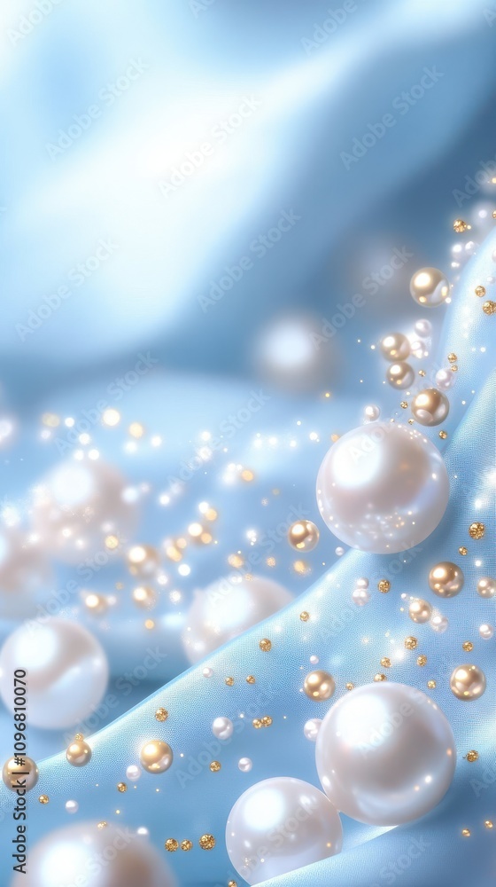 A dreamy cascade of shimmering pearls and golden beads against a delicate blue silk backdrop. A dreamy cascade of shimmering pearls and golden beads against a delicate blue silk backdrop.