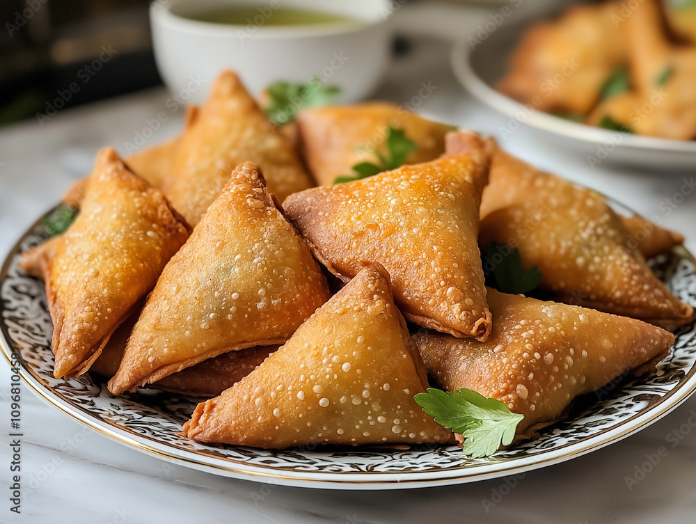 Delicious golden samosas. Concept of Middle Eastern cuisine, snack, and street food. Delicious golden samosas. Concept of Middle Eastern cuisine, snack, and street food.