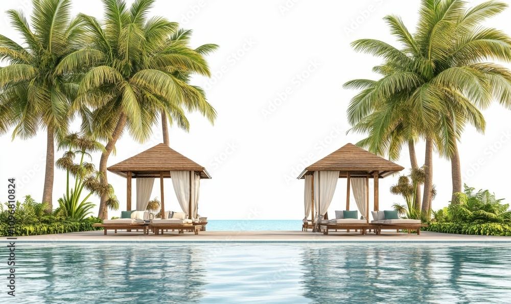 Fototapeta premium Tropical poolside cabanas, palm trees, ocean view.