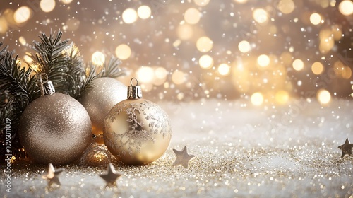Gold and ivory background with festive bokeh lights, tiny stars and shimmering silver accents