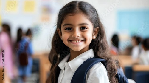 Young indian girl in a school uniform smiles warmly while carrying a backpack in a vibrant classroom setting