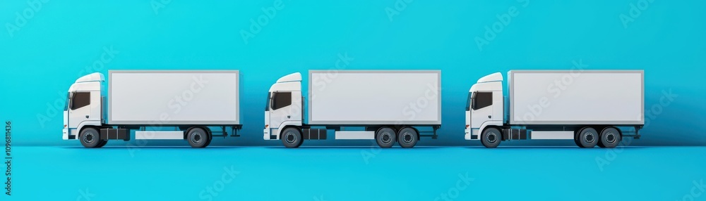 outbound logistics concept. Outbound delivery trucks lined up for departure, orderly flow, 3D illustration outbound logistics concept. Outbound delivery trucks lined up for departure, orderly flow, 3D illustration
