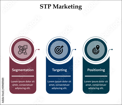 STP Marketing - Segmentation, Targeting, Positioning. Infographic template with icons and description placeholder