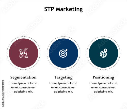 STP Marketing - Segmentation, Targeting, Positioning. Infographic template with icons and description placeholder