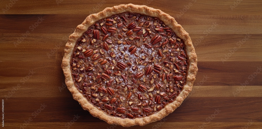 A delicious pecan pie with a golden crust and a rich filling topped with pecans. A delicious pecan pie with a golden crust and a rich filling topped with pecans.