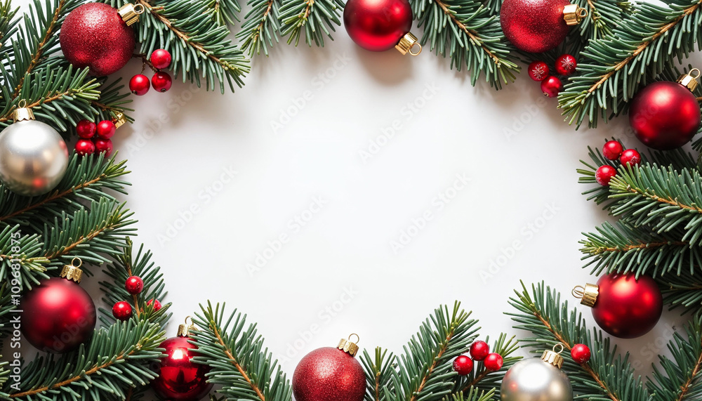 Christmas holiday frame with fir tree branches, golden and red baubles or balls Christmas holiday frame with fir tree branches, golden and red baubles or balls