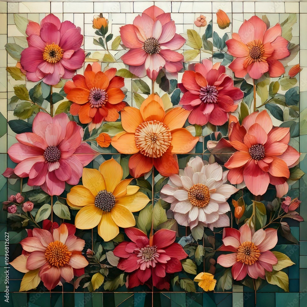 Fototapeta premium Geometric Grid of Simple Flowers