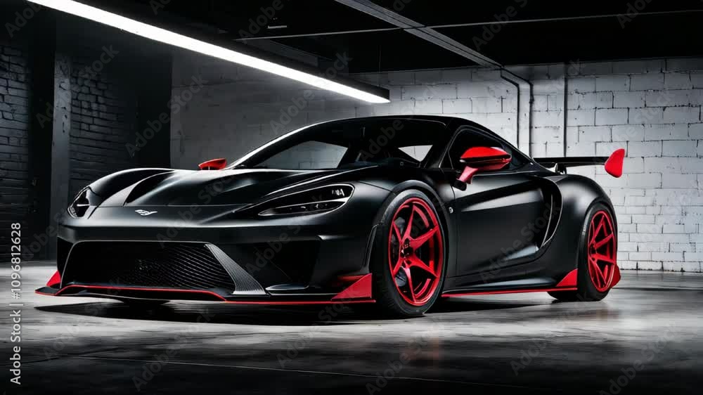Black sports car with red accents parked in an industrial garage Black sports car with red accents parked in an industrial garage