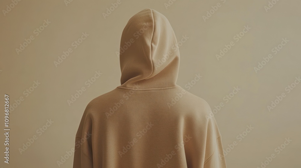 A person wearing a beige hoodie, viewed from behind against a neutral background. A person wearing a beige hoodie, viewed from behind against a neutral background.