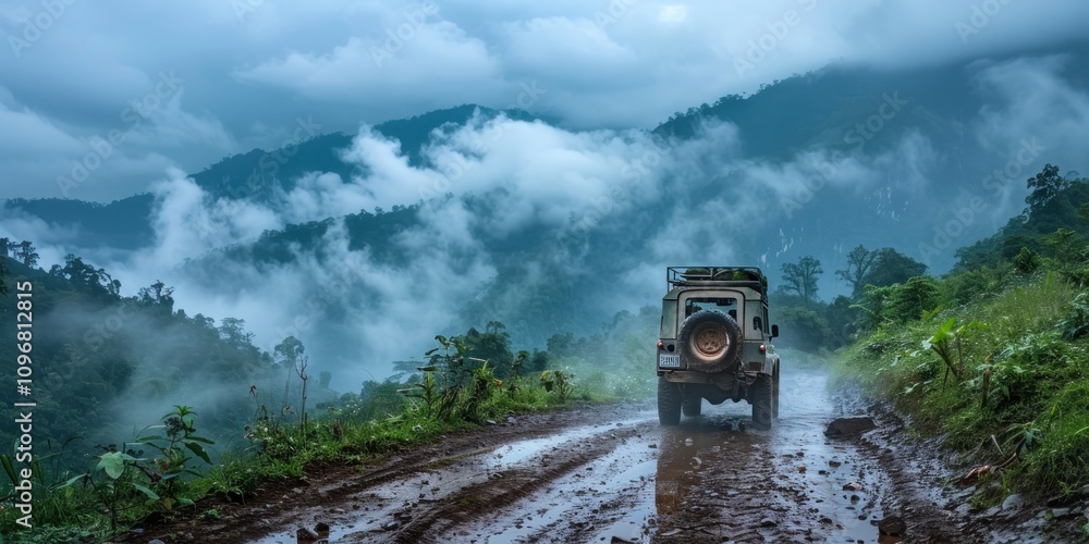 Fototapeta premium Off-Road Adventure Through Foggy Mountains