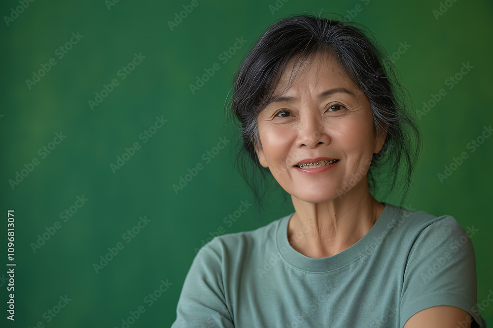 Joyful elderly woman smiling against green background portrait photography in natural light Joyful elderly woman smiling against green background portrait photography in natural light