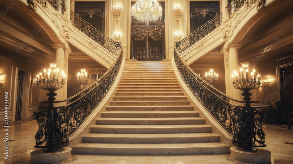 Obraz premium a grand staircase with marble steps and ornate iron railings in a luxurious hotel lobby