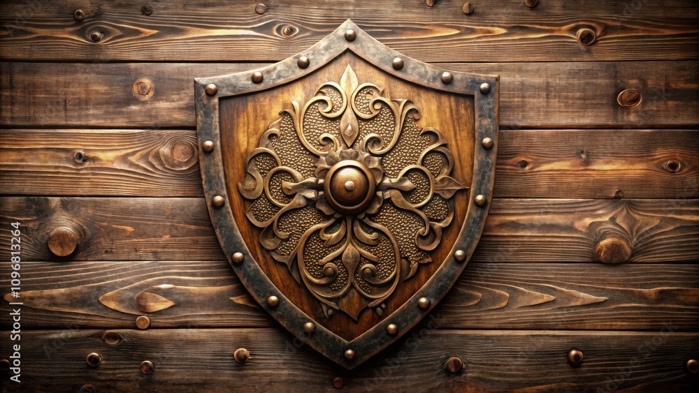 Fototapeta premium Ornate Wooden Shield with Decorative Metal Trim and Carved Floral Design on a Rustic Wooden Background