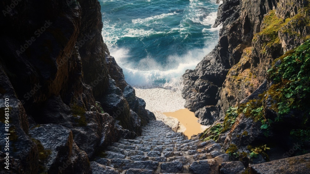 Obraz premium a narrow stone staircase leading down to a hidden beach, waves crashing in the background