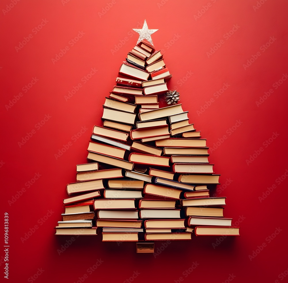 A Christmas tree made of books on a red background with copy space. A Christmas tree made of books on a red background with copy space.