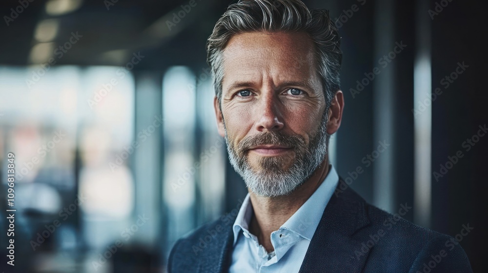 A confident man with a beard poses in a modern office setting. A confident man with a beard poses in a modern office setting.