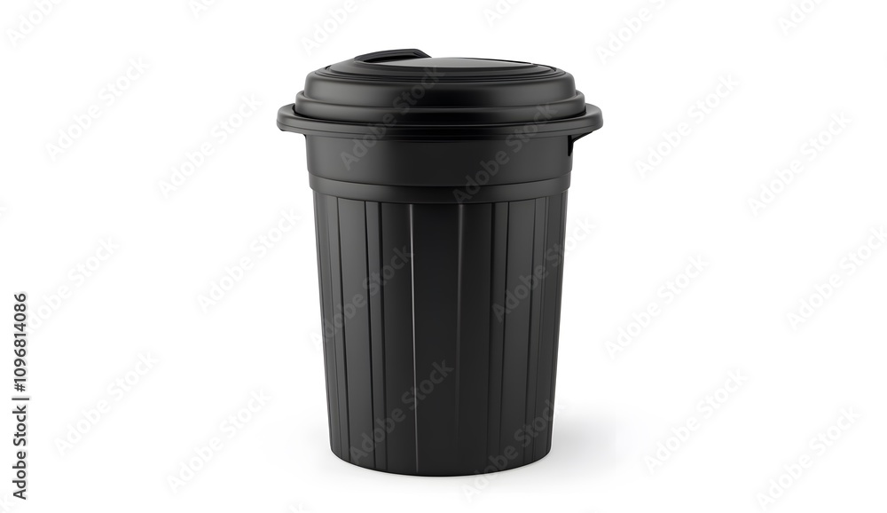 Black plastic trash can mockup on a white background with a clipping path, high-resolution photo, isolated on a white background. Black plastic trash can mockup on a white background with a clipping path, high-resolution photo, isolated on a white background.