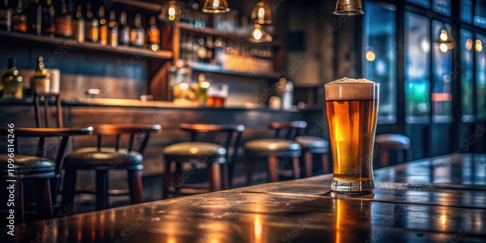 A single glass of beer sits on a wooden table in a dimly lit bar, with a blurry background of bar stools and shelves filled with bottles A single glass of beer sits on a wooden table in a dimly lit bar, with a blurry background of bar stools and shelves filled with bottles
