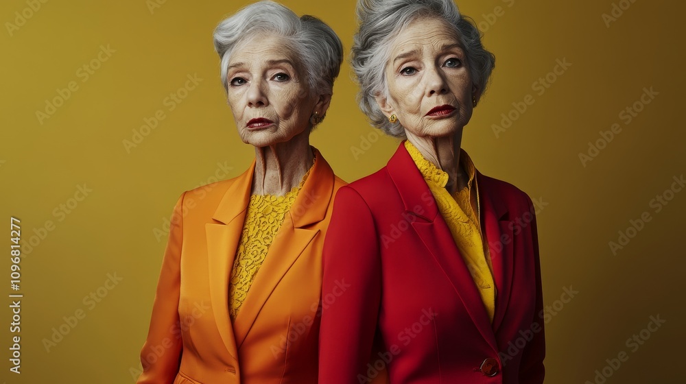 Graceful Elderly Twin Models in High-Fashion Editorial Poses with Symmetrical Composition and Vibrant Lighting Graceful Elderly Twin Models in High-Fashion Editorial Poses with Symmetrical Composition and Vibrant Lighting