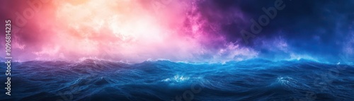 Wave energy generators amidst a stormy sea, dramatic blues and purples swirling in artistic chaos