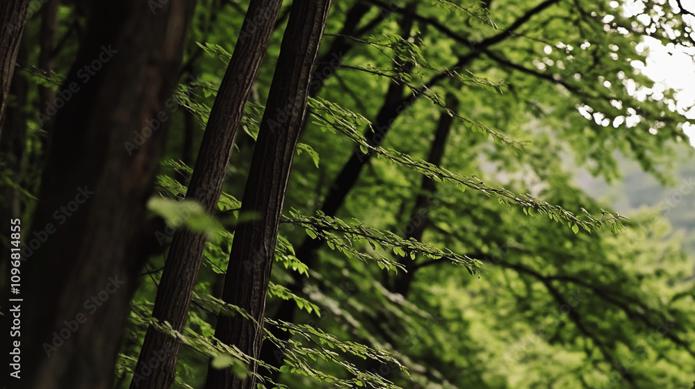Dense Forest Canopy. Lush Green Trees and Dark Trunks. Nature, Forest, Woods, Ecology, Environment. Dense Forest Canopy. Lush Green Trees and Dark Trunks. Nature, Forest, Woods, Ecology, Environment.