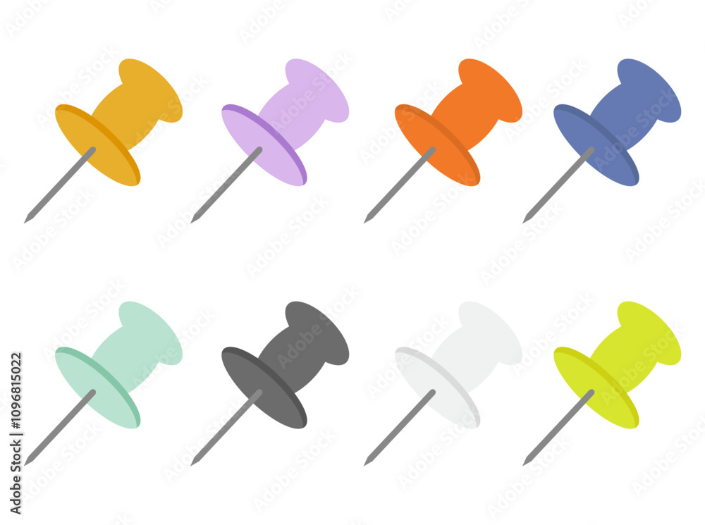 Set of colorful thumbtacks. Different push pins, each isolated on white. Work os study items. Set of colorful thumbtacks. Different push pins, each isolated on white. Work os study items.