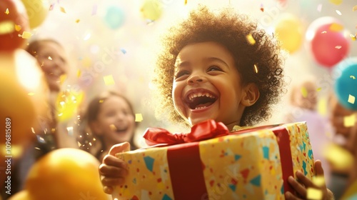 Joyful Child Unwrapping Birthday Gift with Excitement