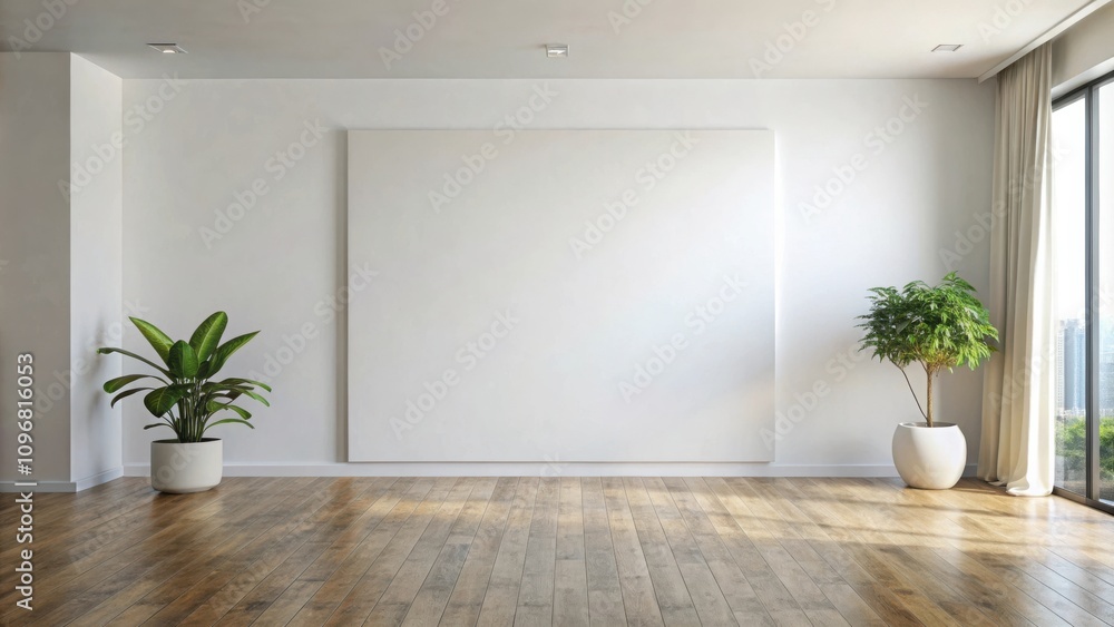 Fototapeta premium Empty Room Interior With White Wall And Wooden Floor Featuring A Large Blank Canvas And Two Plants