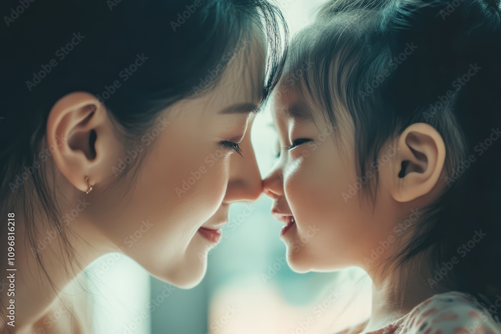 Young mother gently touches her little daughter with her nose. Concept of motherly love, parenthood. Young mother gently touches her little daughter with her nose. Concept of motherly love, parenthood.