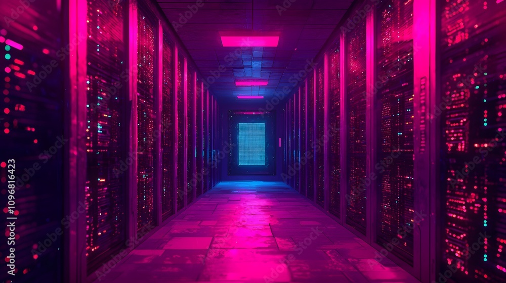 Fototapeta premium A neon-lit corridor filled with server racks, creating a futuristic, tech-inspired atmosphere.