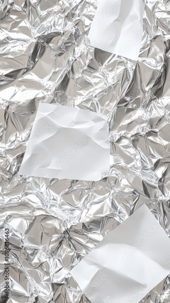 Crumpled silver foil with scattered white papers, creating a textured and reflective background. Crumpled silver foil with scattered white papers, creating a textured and reflective background.