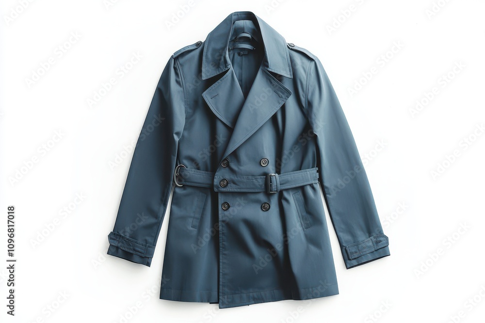Modern blue trench coat with belt isolated on white background, ideal for fashion mockups, online shopping, and promotional design projects. Modern blue trench coat with belt isolated on white background, ideal for fashion mockups, online shopping, and promotional design projects.