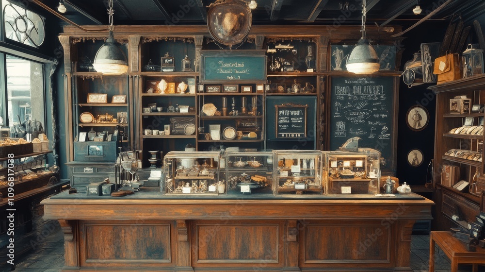 A store with a chalkboard on the wall and a clock on the wall A store with a chalkboard on the wall and a clock on the wall