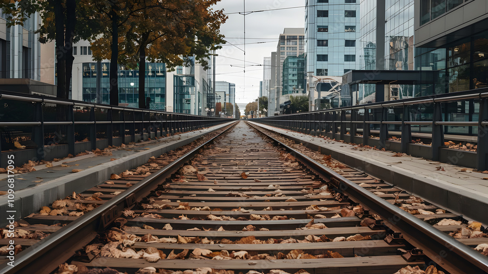 Fototapeta premium A deserted streetcar track with leaves scattered along the rails