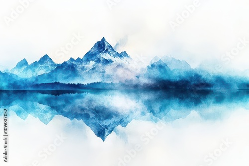 Wallpaper Mural Majestic mountain peaks reflected in a glassy lake, painted in soft blue and white watercolor, evoking calm and awe Torontodigital.ca