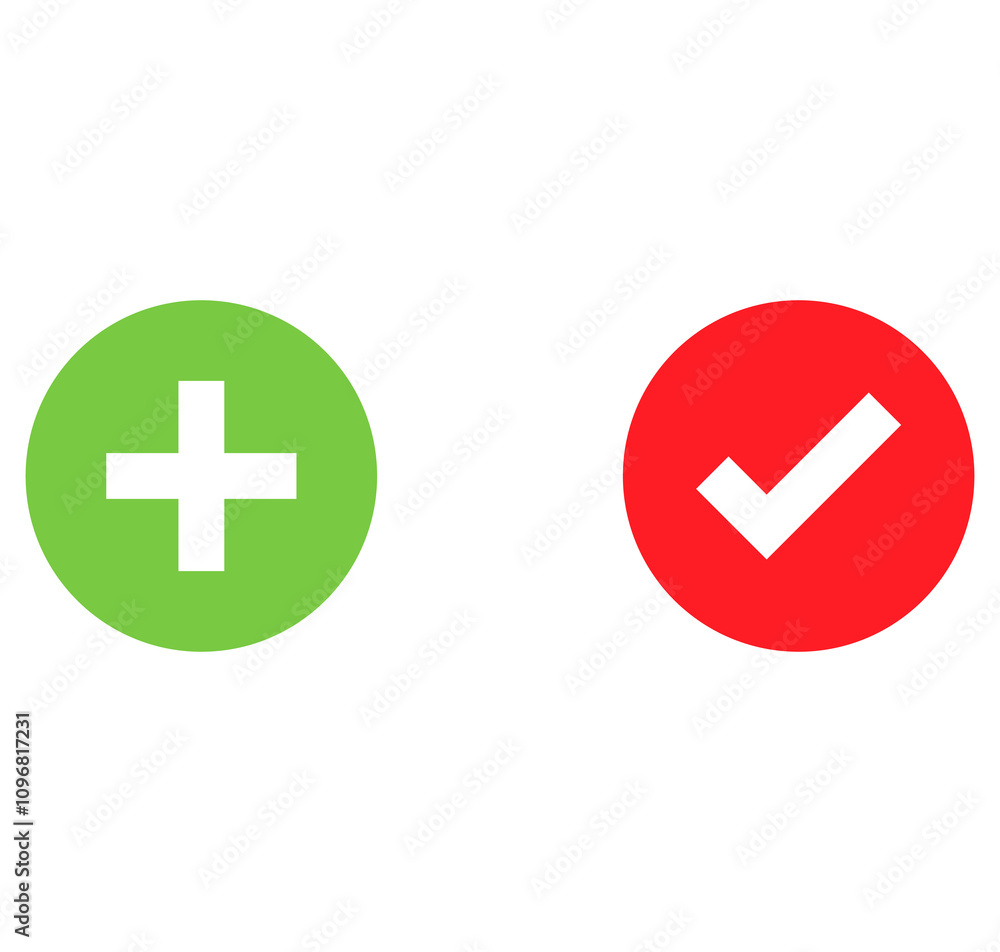 Two circular icons: a green circle with a white plus sign and a red circle with a white check mark, used for adding or confirming and indicating correctness or completion.
Two circular icons: a green circle with a white plus sign and a red circle with a white check mark, used for adding or confirming and indicating correctness or completion.