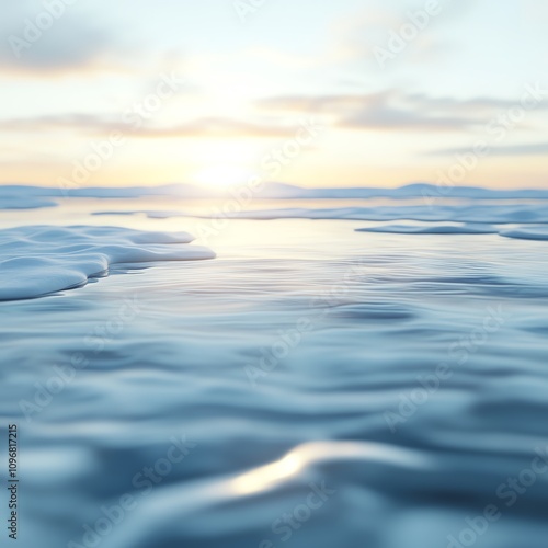 Calm ocean waves reflecting the soft light of a sunrise over the horizon.