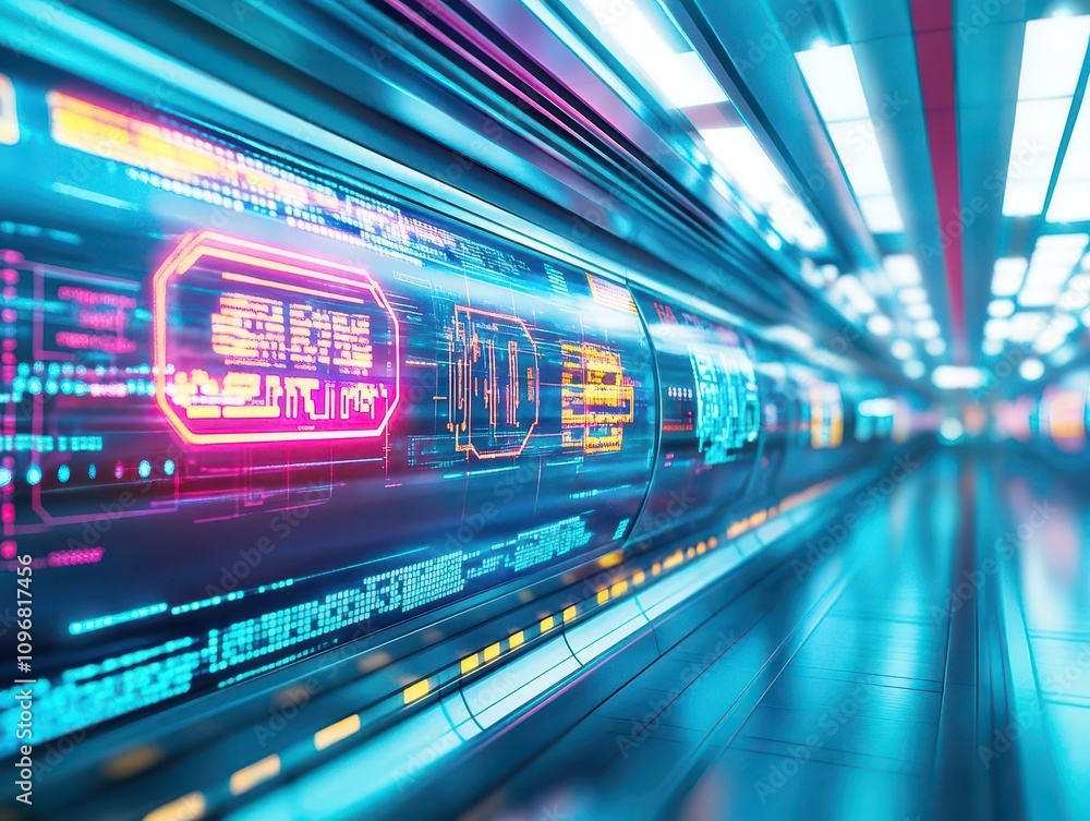 Hyperloop station with streamlined pods, glowing holographic signs, metallic walls, ultramodern futuristic transportation hub